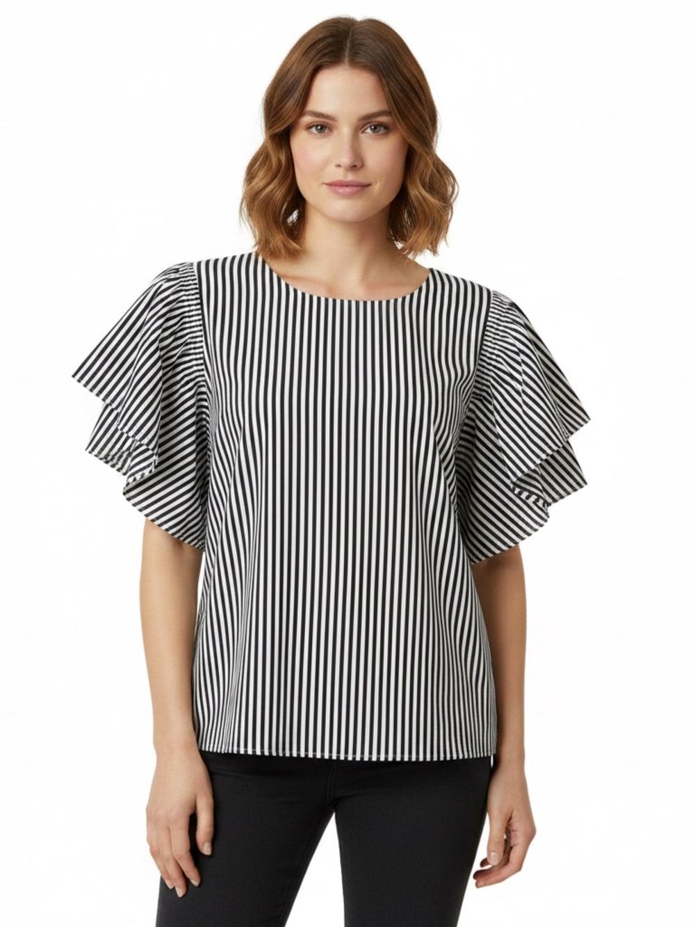 Project Runway black white striped blouse ruffle Short Sleeves size XXL cotton